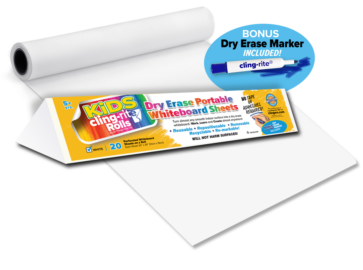 Clingers Dry Erase Kids Cling-rite Rolls, Portable Whiteboard, 50' ft roll,  Sheet Size 20x30 for Kids Drawing and Planning, School, Arts and Crafts