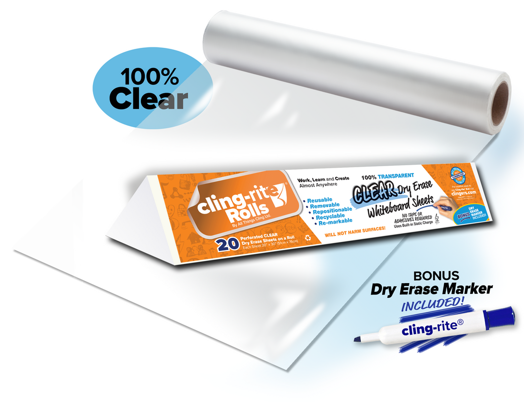 Clear Cling-rite® Roll - 20 sheets and dry erase marker included