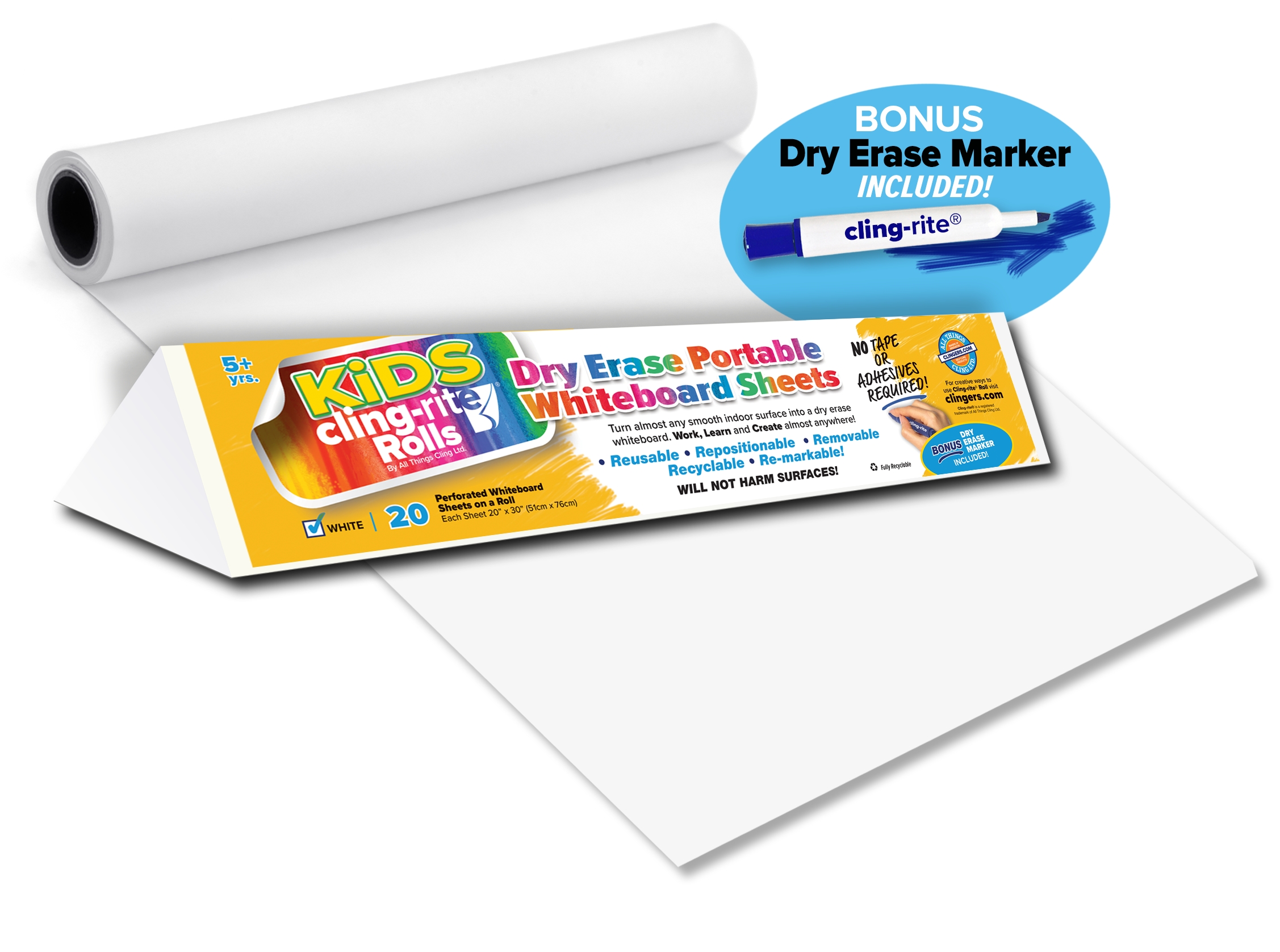 Clingers® Cling-rite® Dry-Erase Sheet Economy Roll, 20 x 100', White